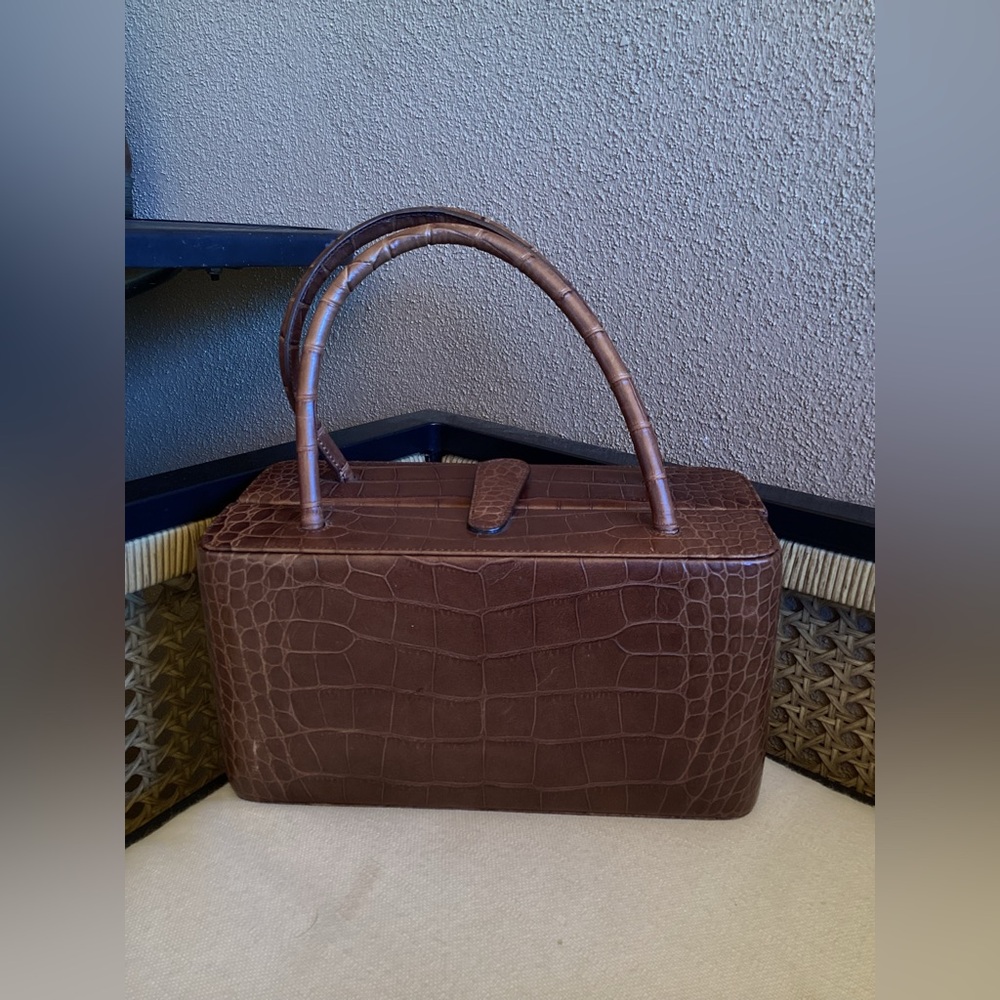 JANE AUGUST Brown Crocodile Embossed Leather Satchel 100% Italian